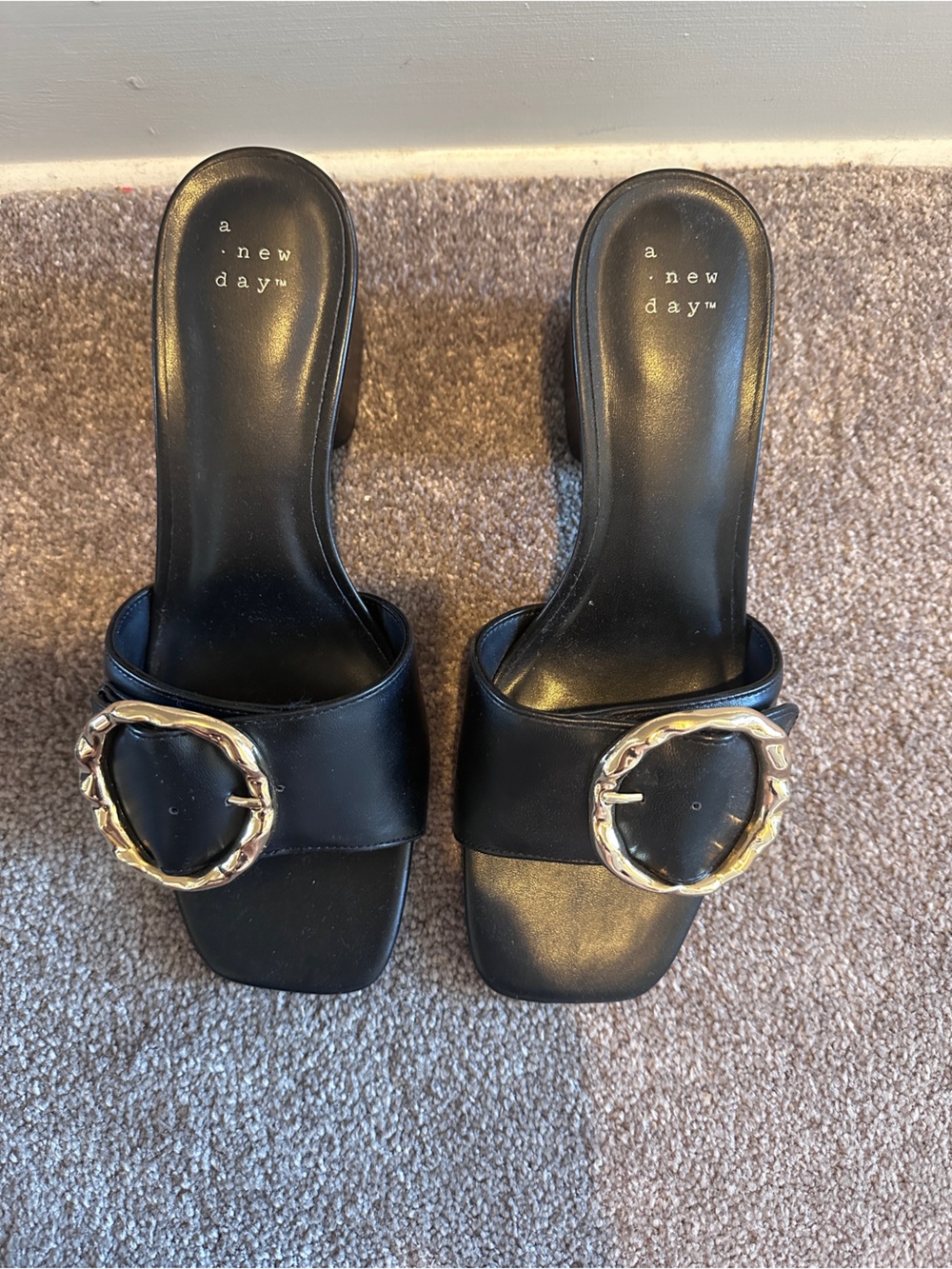 a new day Black Slide Mules with Gold Buckle